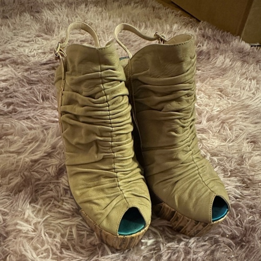 COPY - New Baldan Brown and Tan Leather Suede Peep Toe Sandal Wedges Size 38